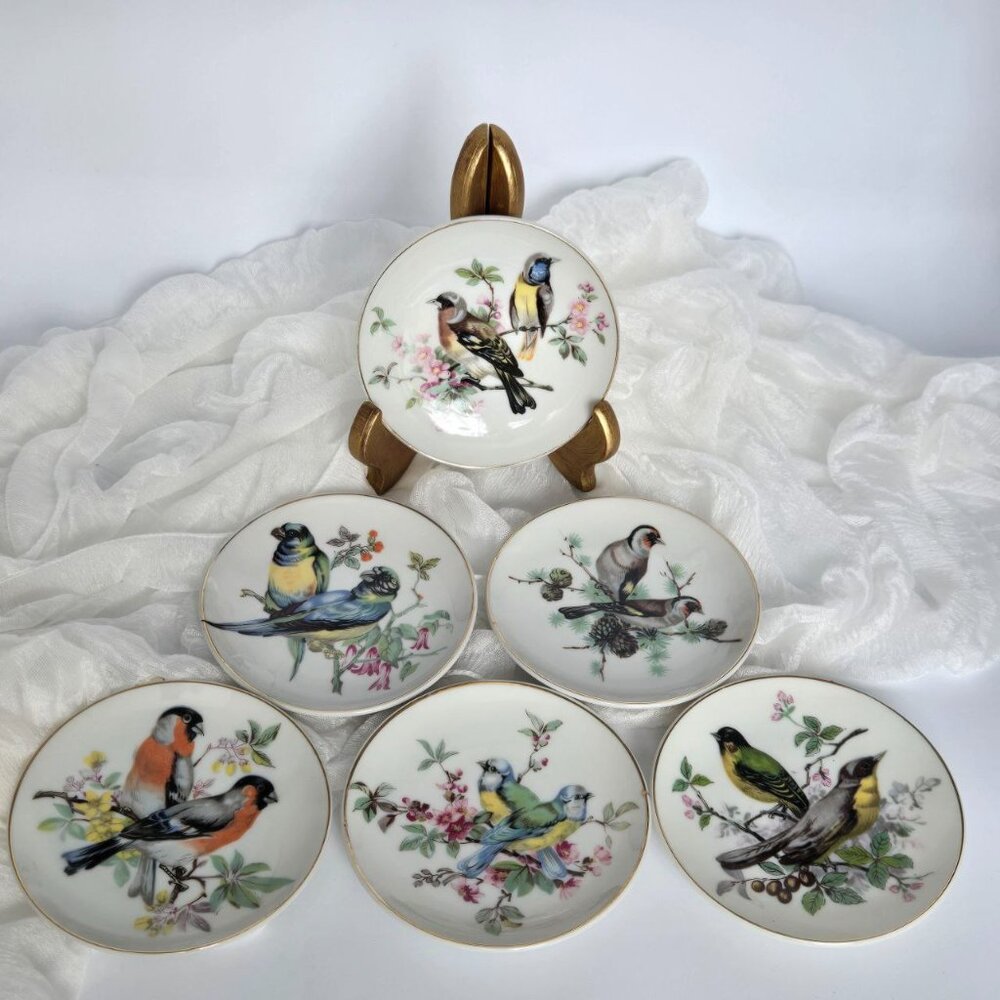BIRDS! Set of 6 Vintage Bird Wall Plates – Mini Bird Plates with gold rim JAPAN
